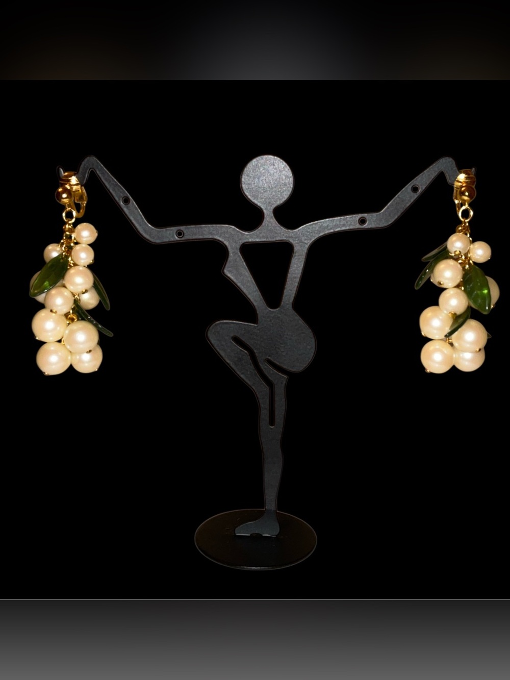 Vintage Avon Pearl Cluster Drop Earrings (clip) with Green Leaf Accents